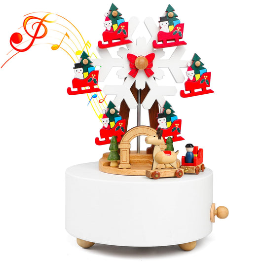 LONEEDY Wooden Rotating Christmas Music Box Ornament Snowflake & Elk