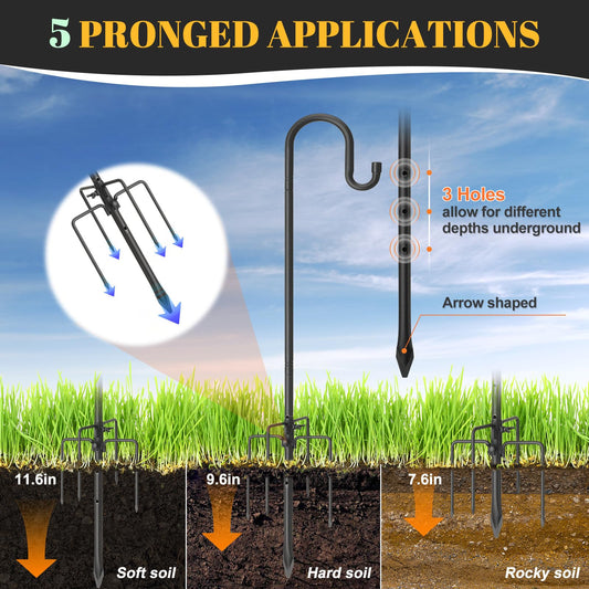 198cm Double Shepherd Hook Bird Feeder Pole Heavy Duty 5-Prong Stand