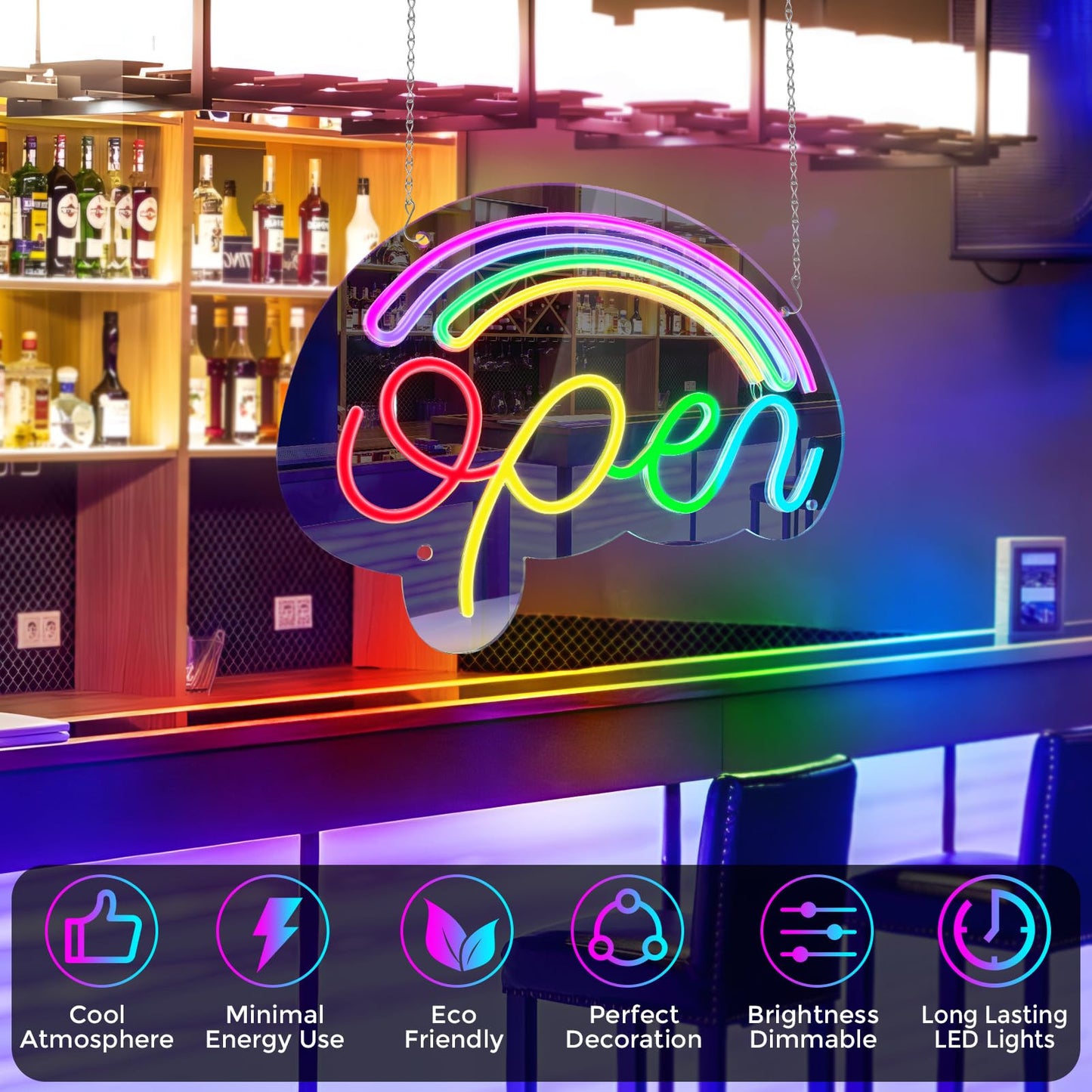 LED Open Neon Sign Dimmable USB Business Light - Rainbow 17x12in