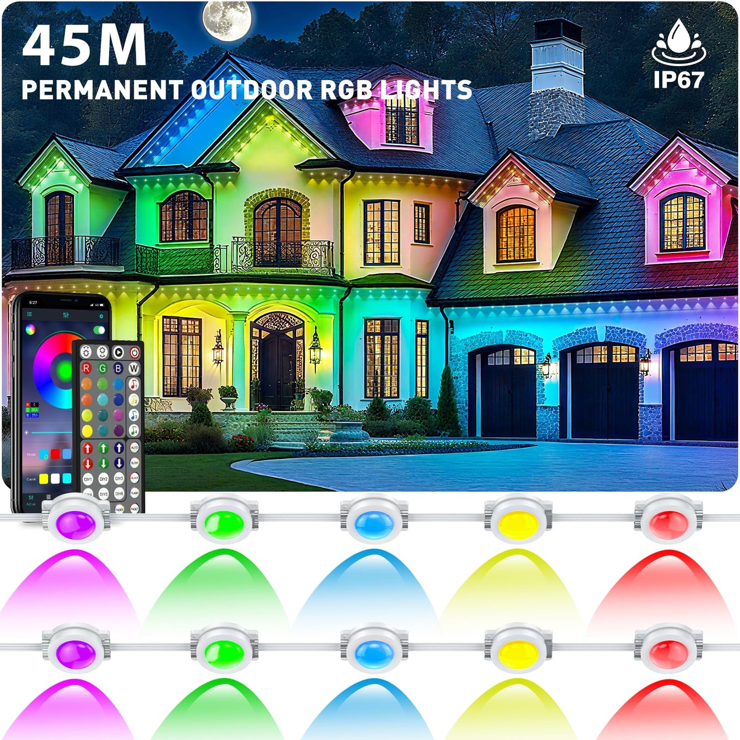 Permanent Outdoor Eaves Lights RGB App Remote Waterproof 45M LED