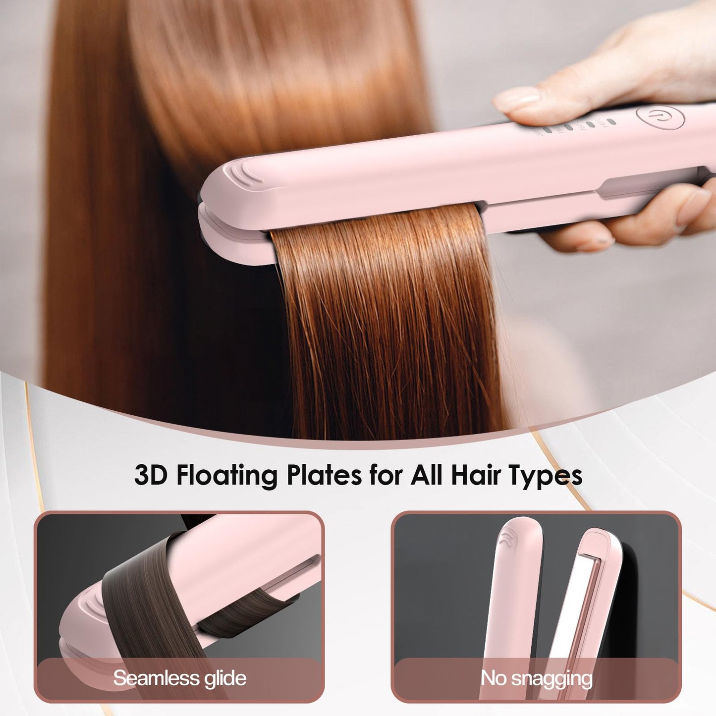 Cordless Hair Straightener 2-in-1 Mini Travel Flat Iron & Curler Quick Heat Up 4 Temperature Settings Rechargeable - Pink