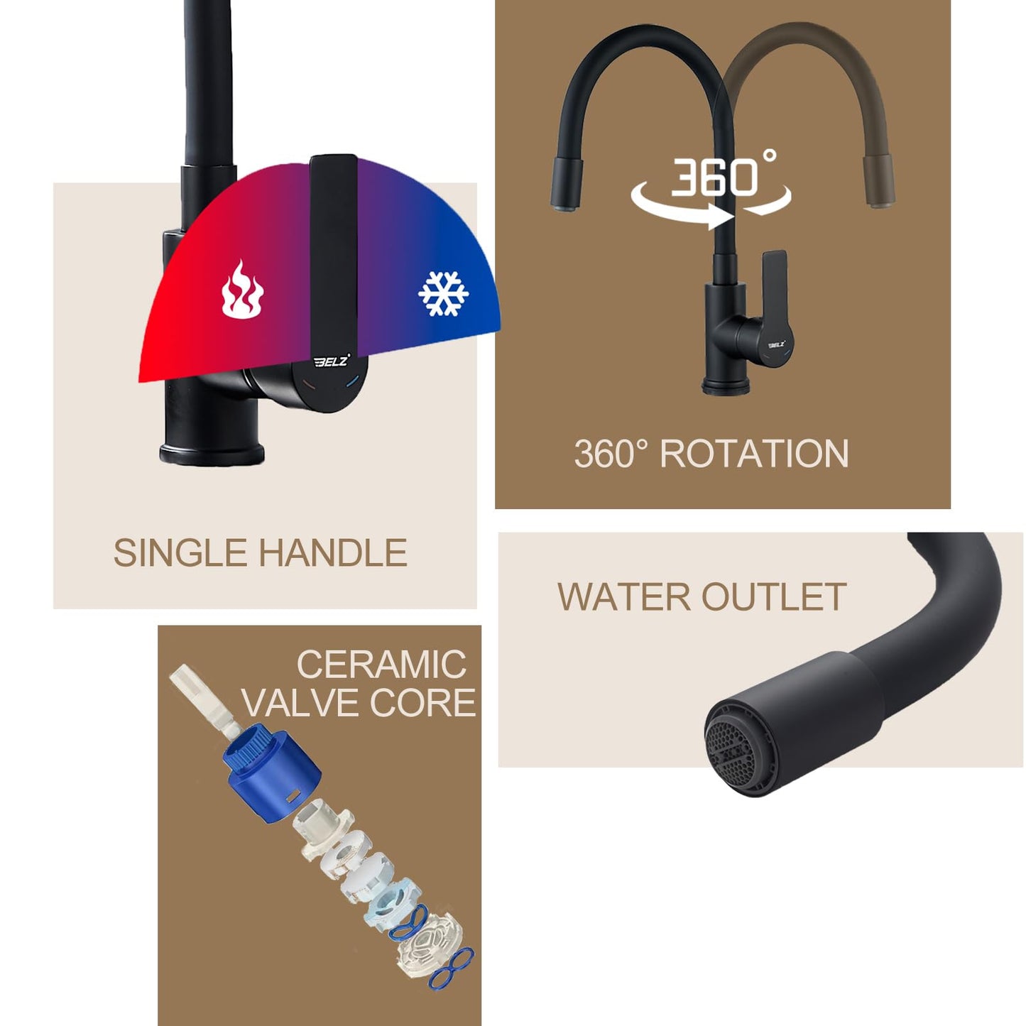 Flexible Kitchen Sink Mixer Tap 360 Swivel Hose, Single Lever, Black/Chrome