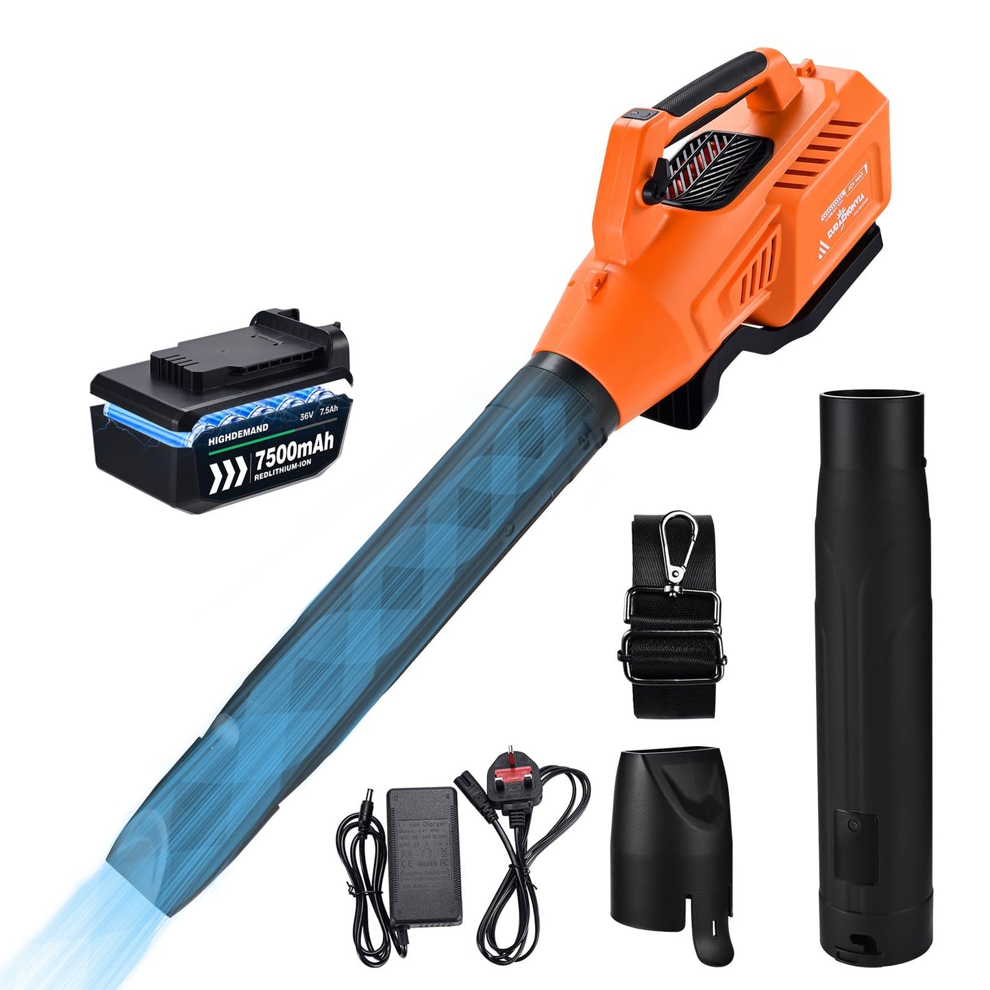 Orange cordless electric leaf blower with lithium ion battery, charger, attachments, and shoulder strap on white background