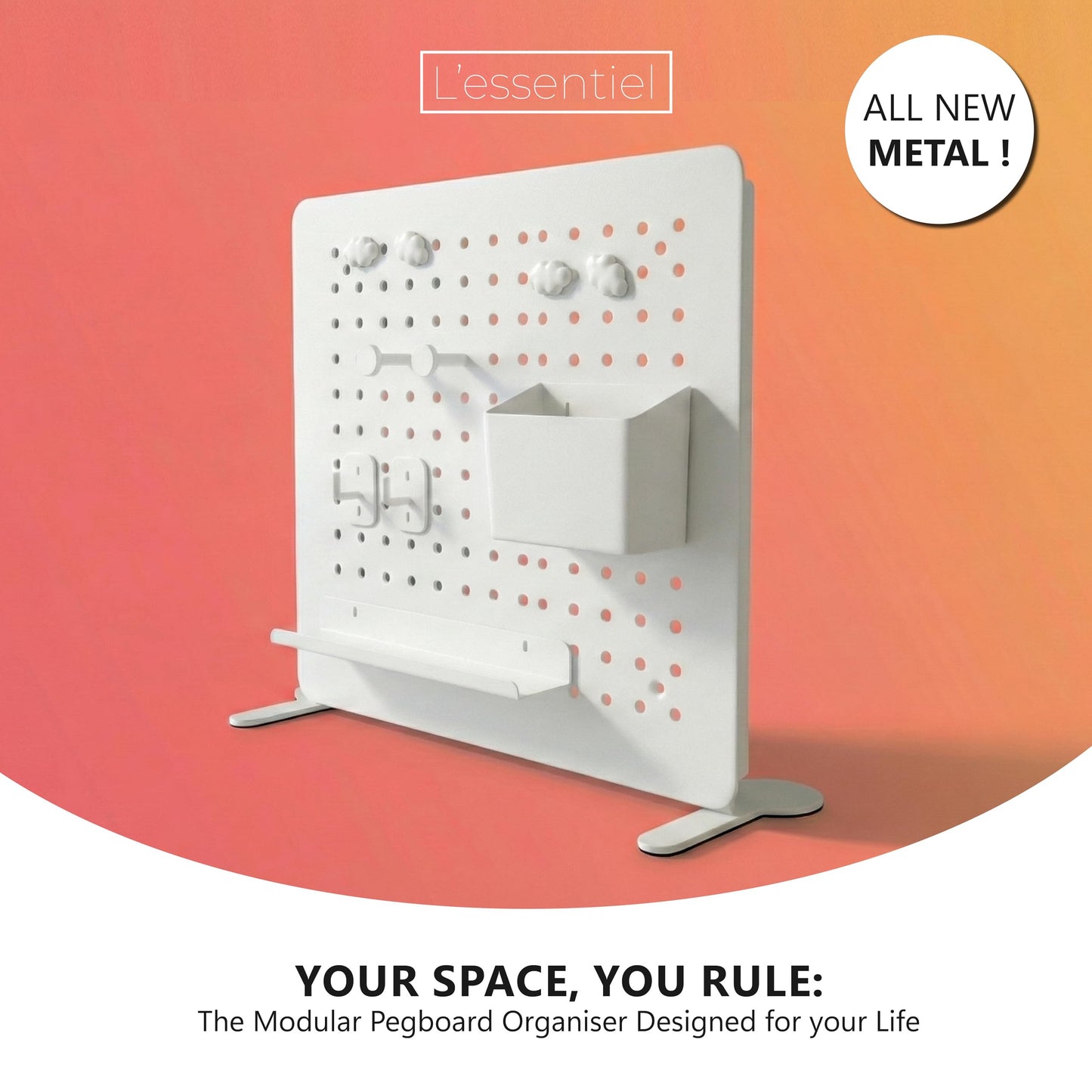 Metal Pegboard Organiser with Accessories – 37 × 37 cm