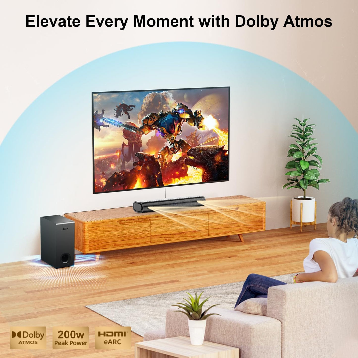 200W 2.1 Channel Dolby Atmos Soundbar with Subwoofer, eARC/ARC/Bluetooth