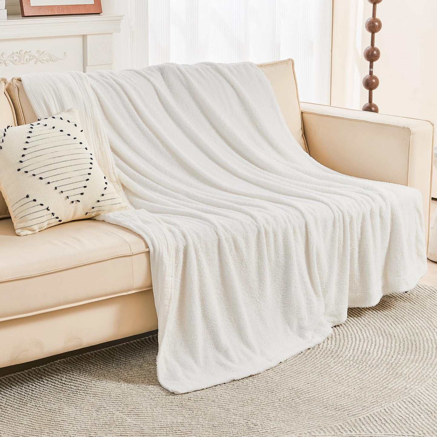 Knitted Throw Blanket Soft Lightweight Muslin Fleece Sofa Bed Cream