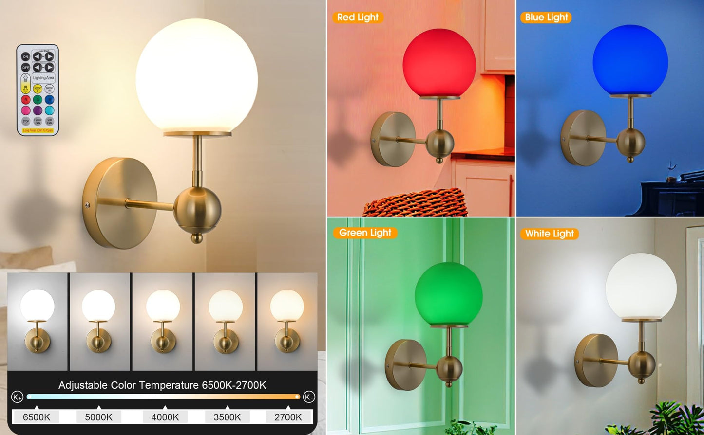 Battery Operated Wall Sconces Set of 2, Wireless RGB Wall Lights (Gold)