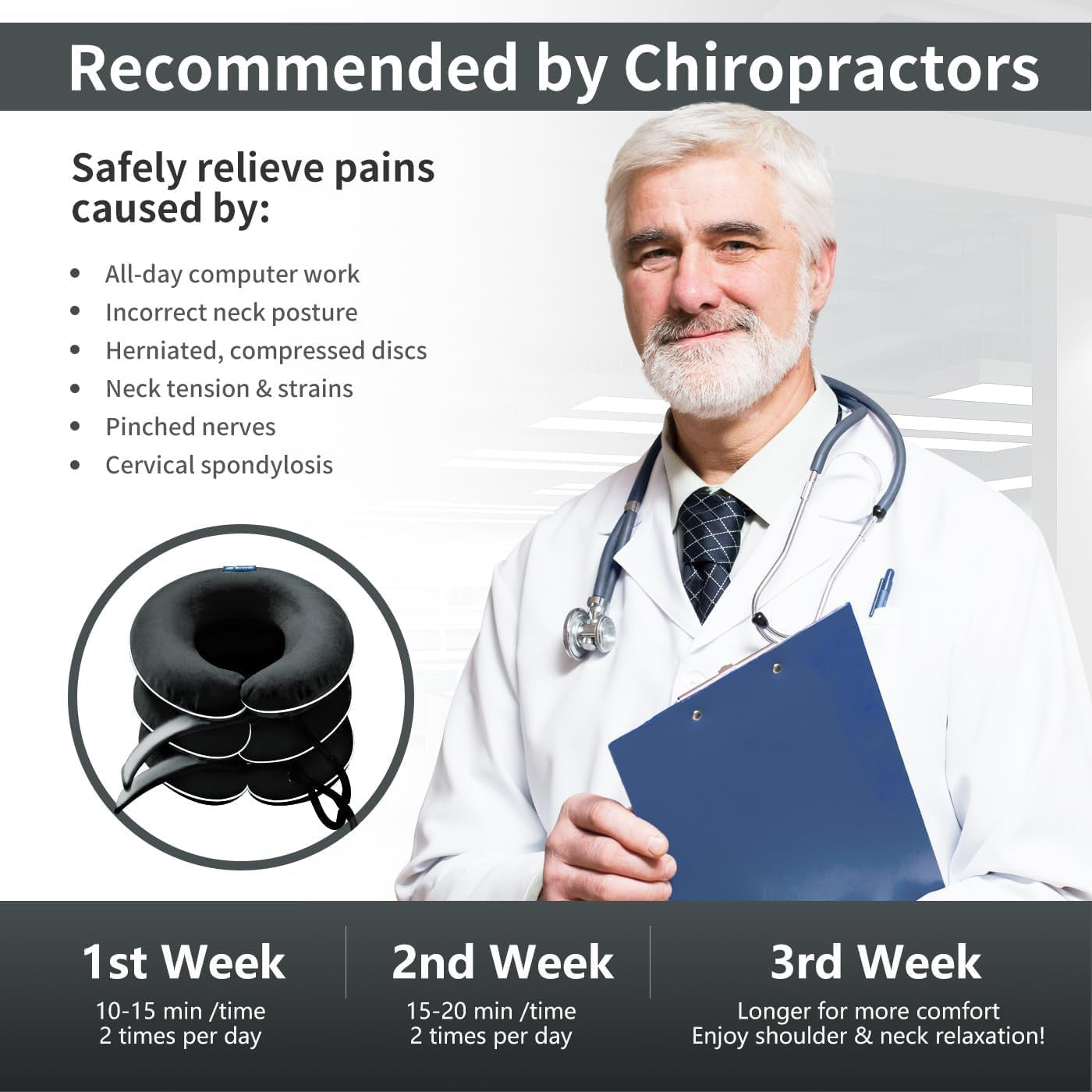 Inflatable Cervical Neck Traction Device Pain Relief Posture Support Grey