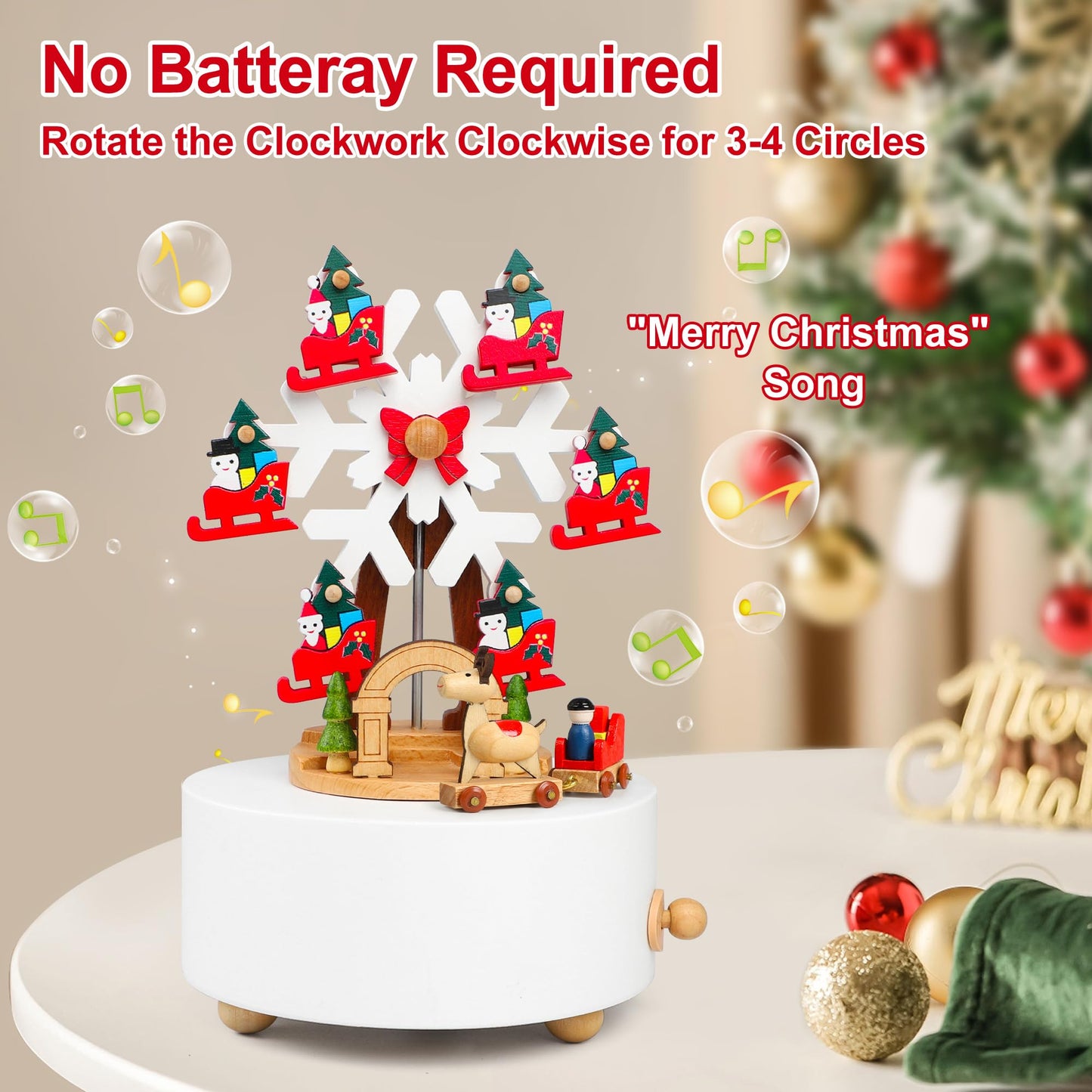 LONEEDY Wooden Rotating Christmas Music Box Ornament Snowflake & Elk