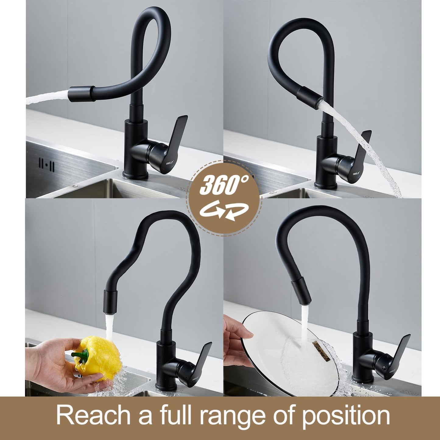 Flexible Kitchen Sink Mixer Tap 360 Swivel Hose, Single Lever, Black/Chrome