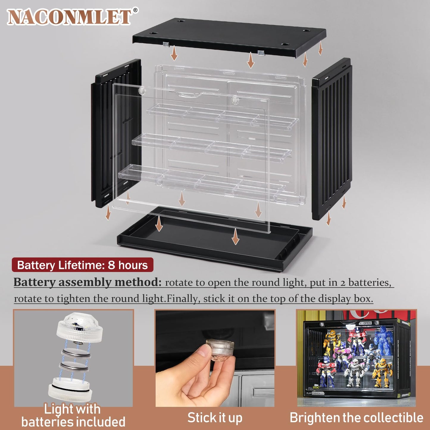 Acrylic Display Case with LED Light 4-Tier Dustproof Showcase 13.4x9x12.4