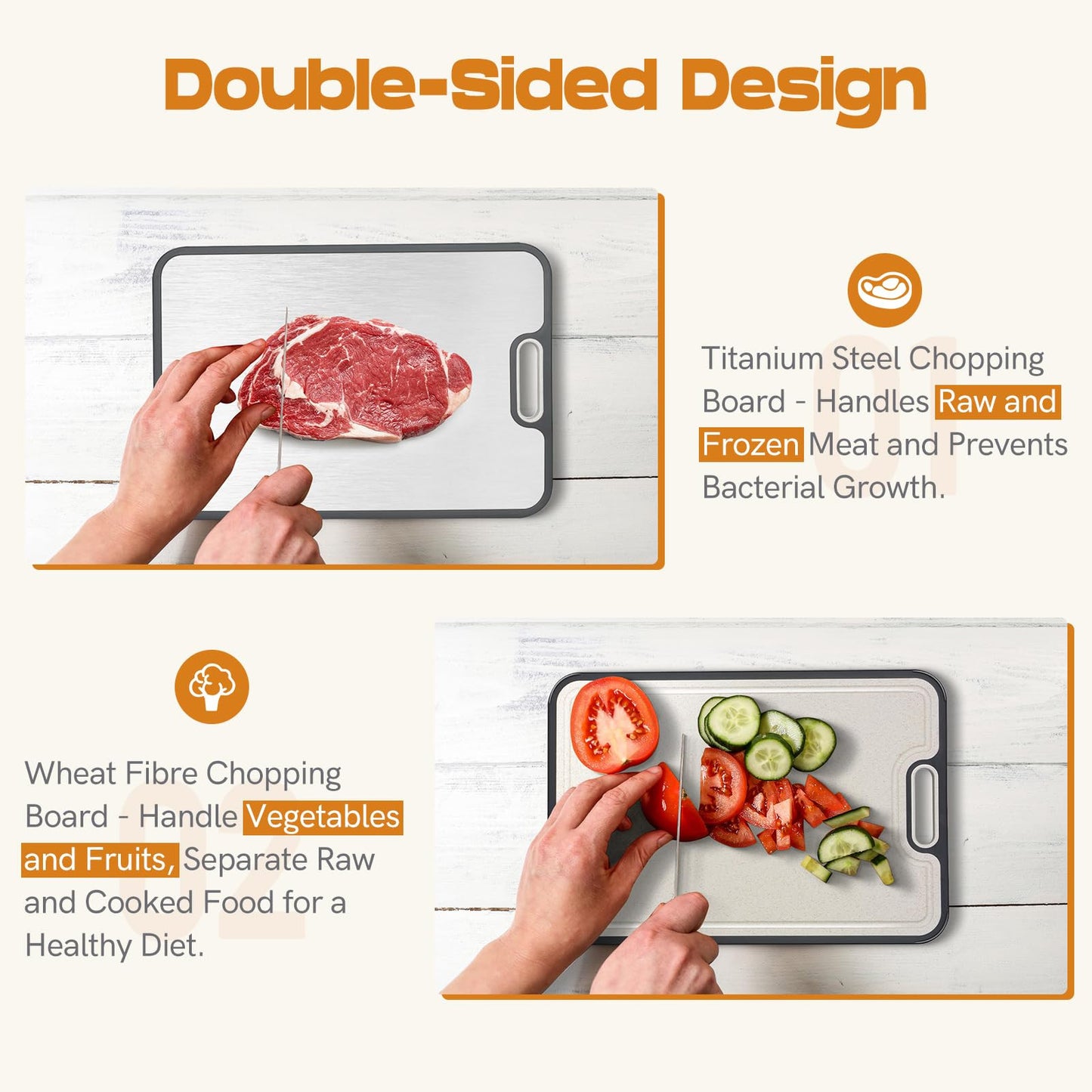 Tiagowell Titanium Steel Double-Sided Cutting Board 36.5x26.5cm, Anti-bacterial