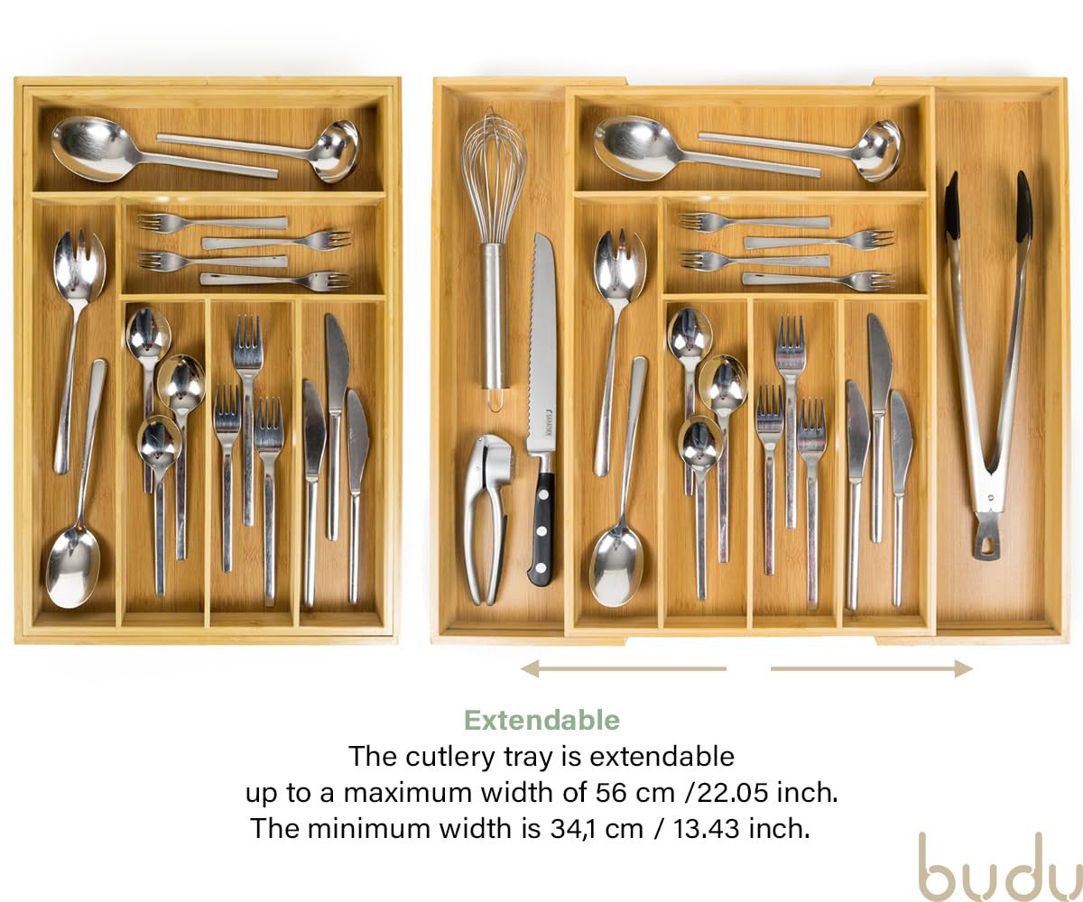 Bamboo Cutlery Tray Extendable Drawer Organiser for Kitchen Utensils