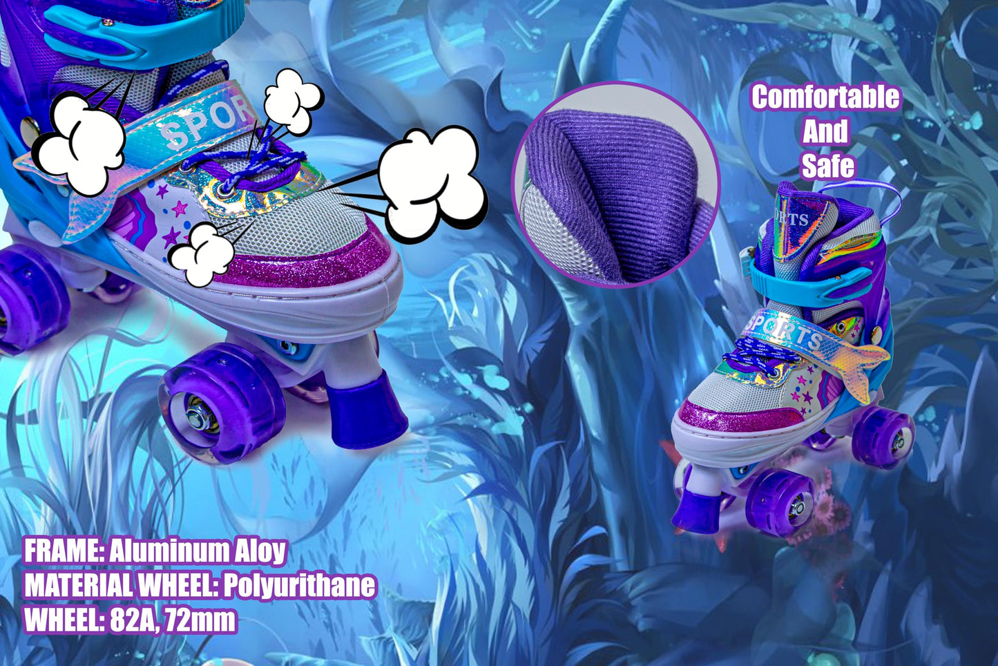 Kids Adjustable Roller Skates with LED Wheels - Mermaid Design