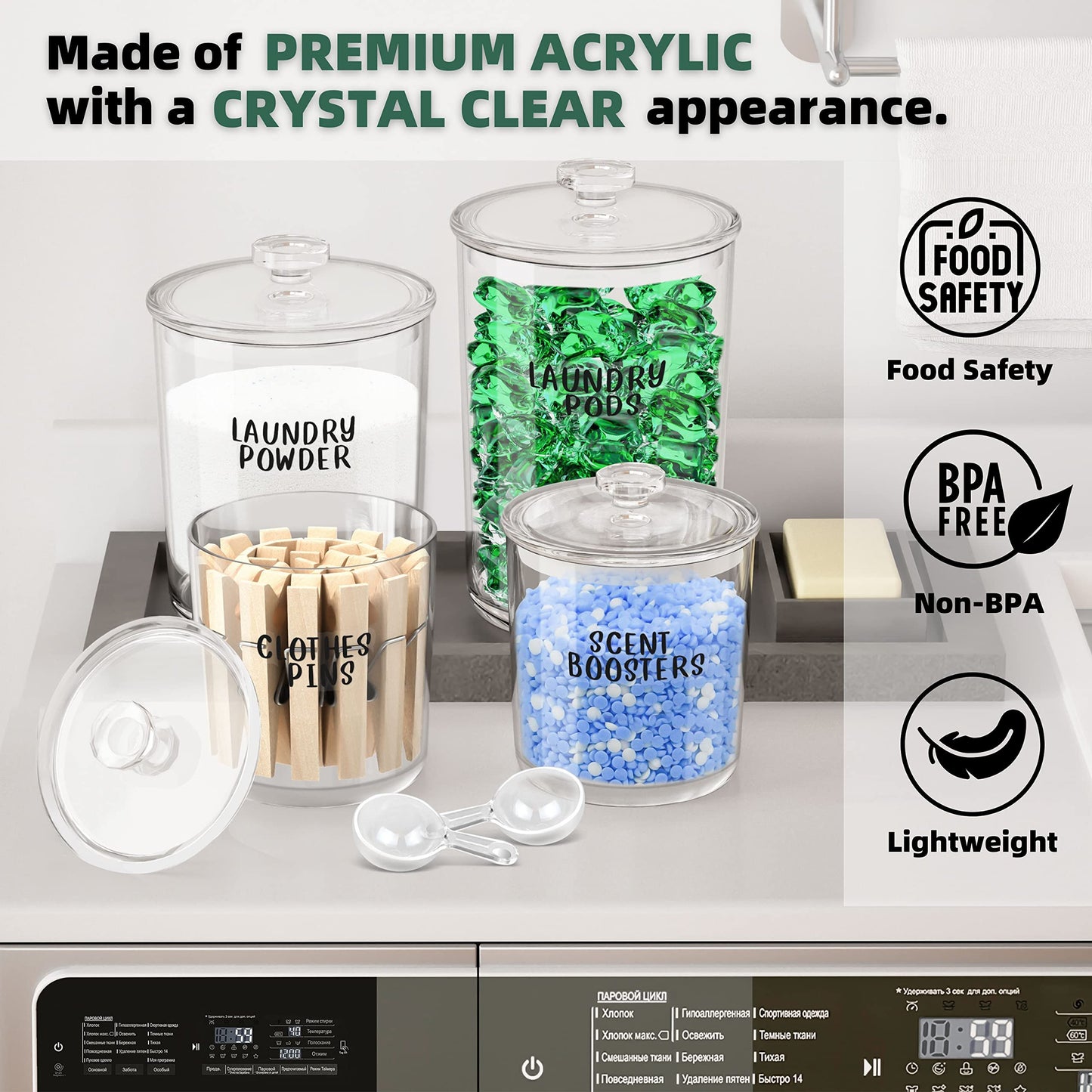Laundry Pods Storage Containers Set Acrylic Jars Labels Scoops 4 Pack