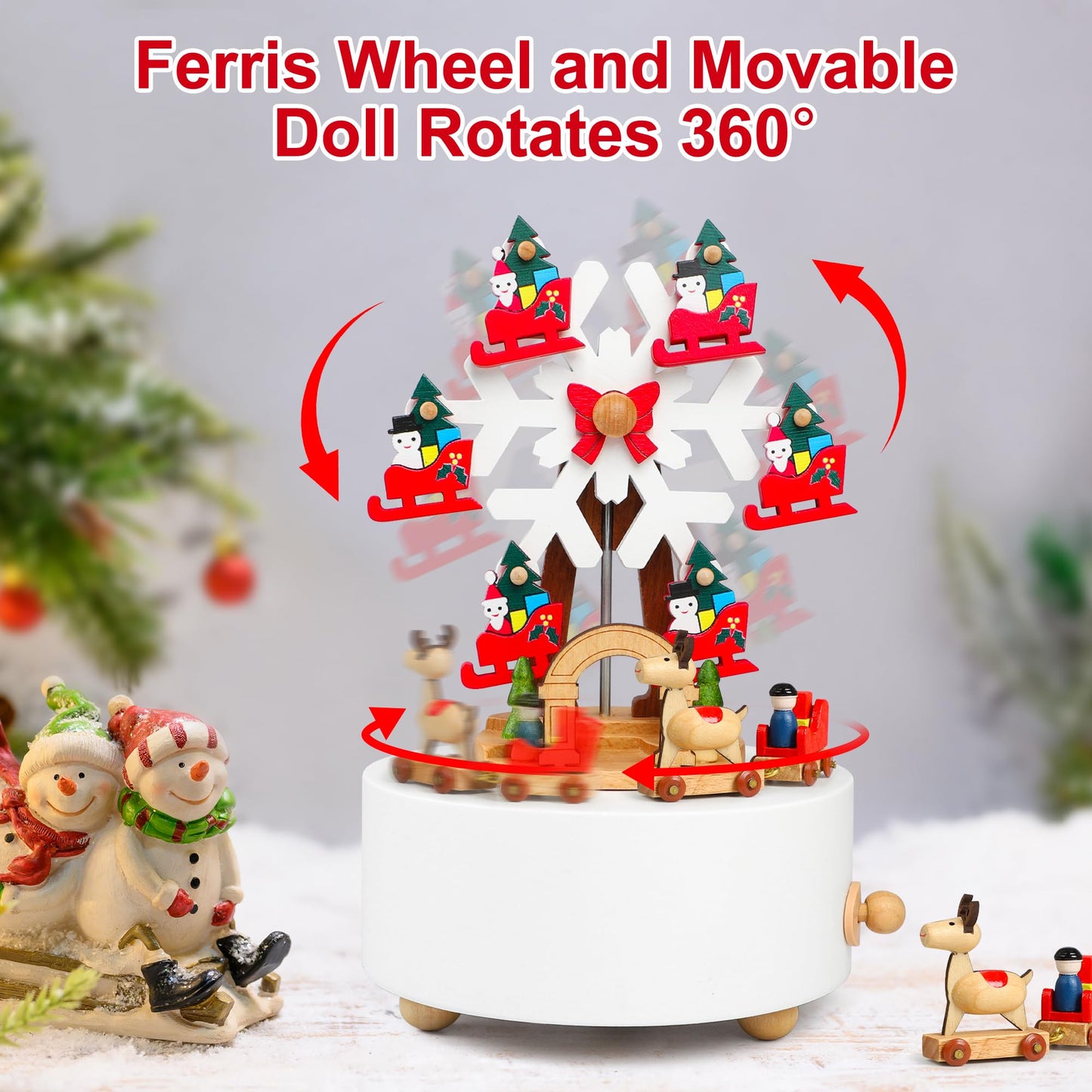 LONEEDY Wooden Rotating Christmas Music Box Ornament Snowflake & Elk