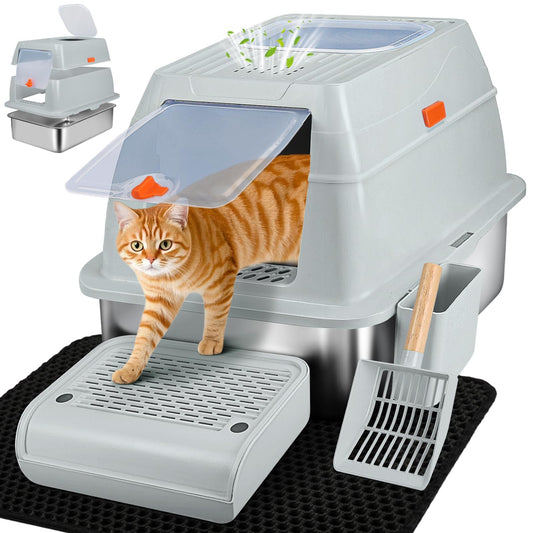 Vivifying Stainless Steel Cat Litter Box XL 60x40x40cm High-Sided with Lid