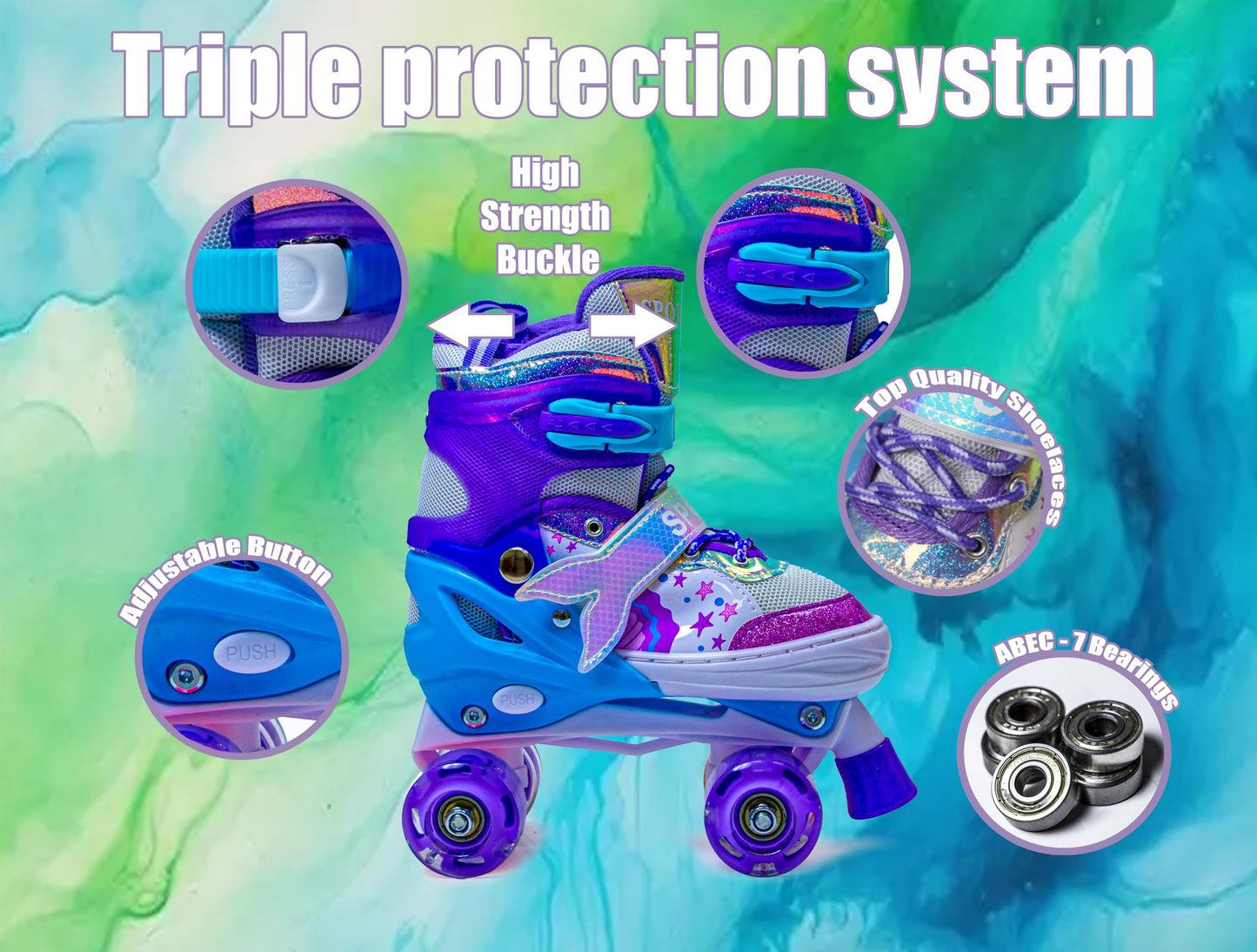 Kids Adjustable Roller Skates with LED Wheels - Mermaid Design