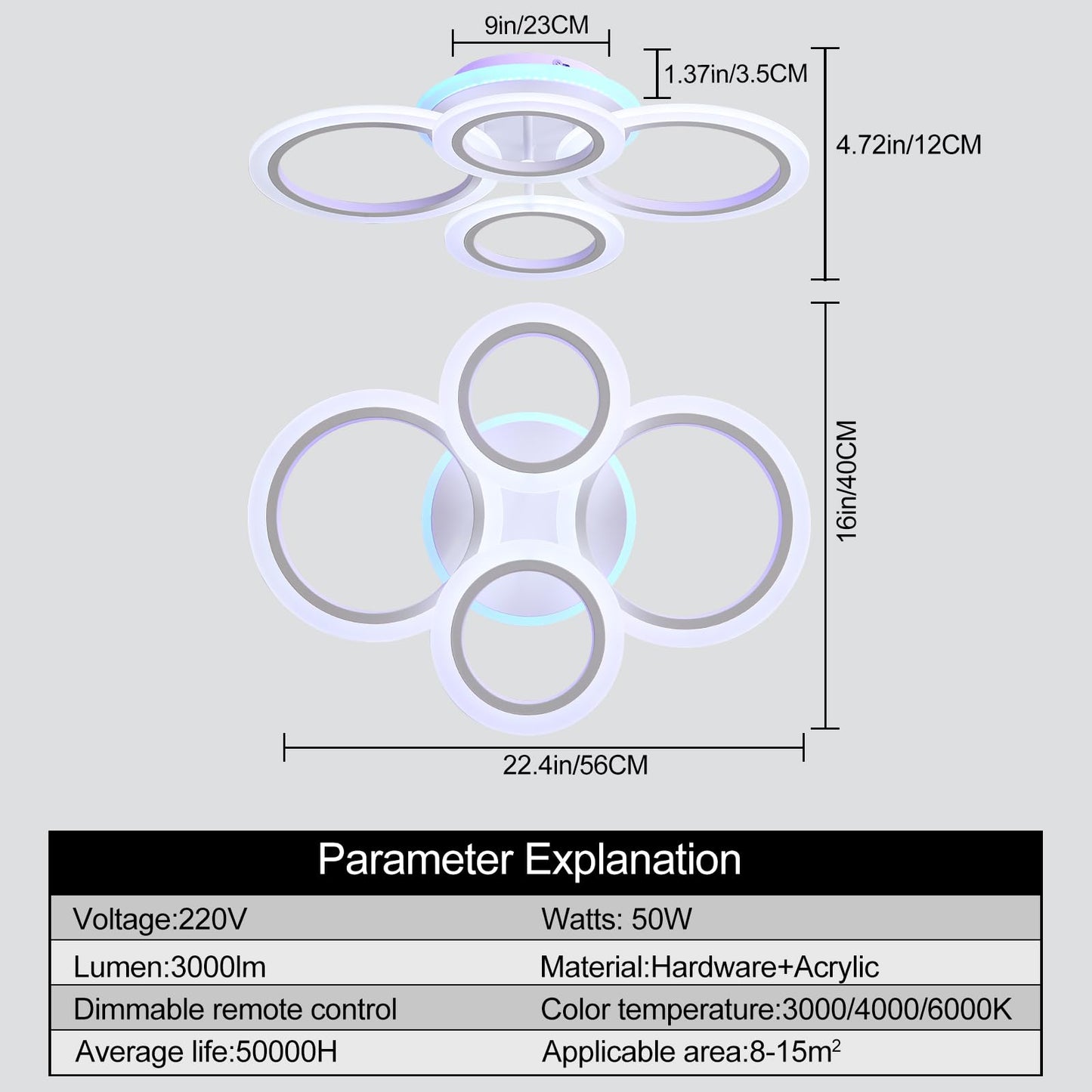 LuFun Modern 4-Ring LED Ceiling Light, Dimmable 3000-6000K with Remote (White)
