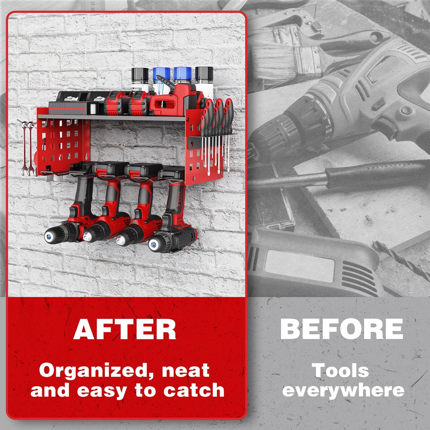 2 Layer Power Tool Organiser Wall Mounted Storage Rack Heavy Duty Metal Shelving for 4 Drill Holders - Red 2 Layer