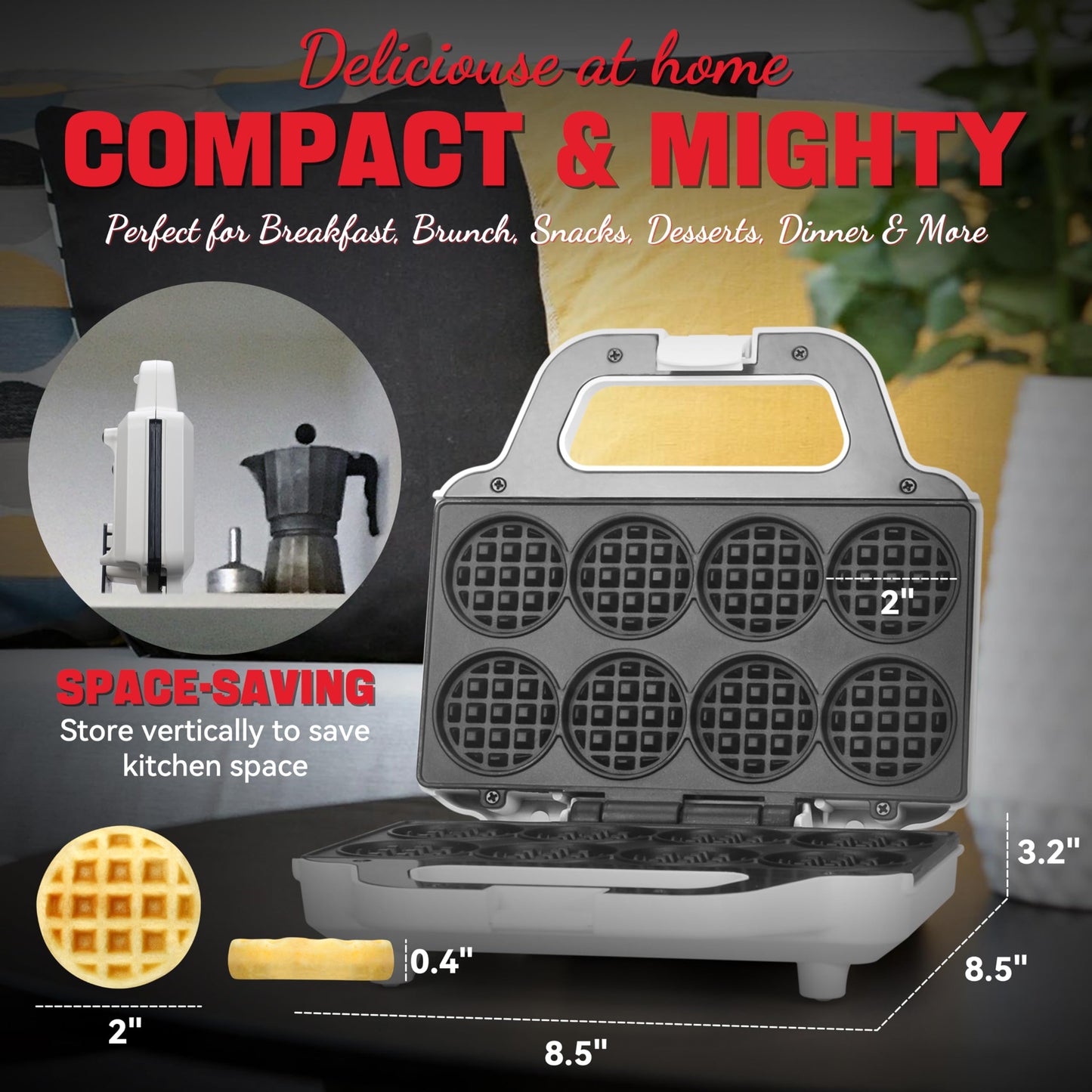 Mini Waffle Maker Machine – Bake 8 x 2'' Bite-Sized Waffles, Compact Non-Stick Iron with Recipes, Easy to Use & Clean, White