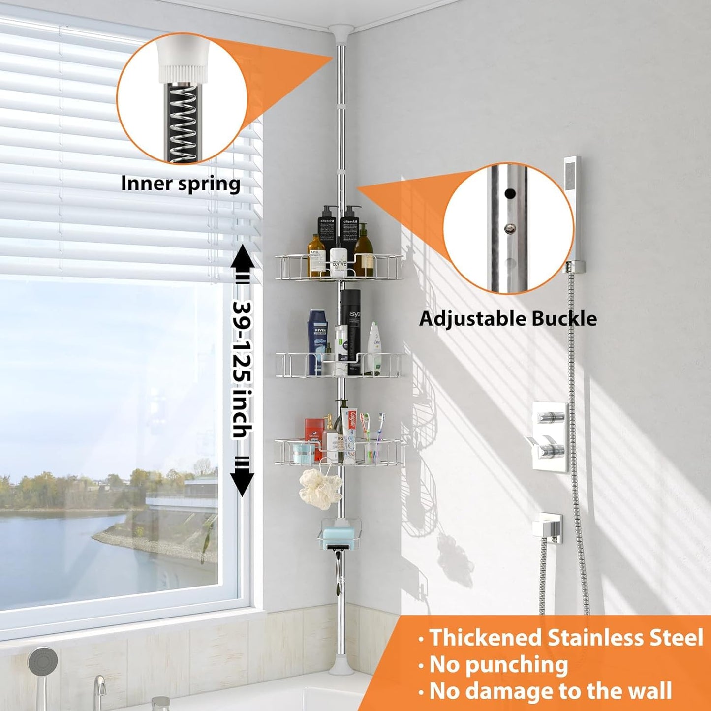 Shower Caddy Corner Storage Adjustable Shelves Tension Pole Silver