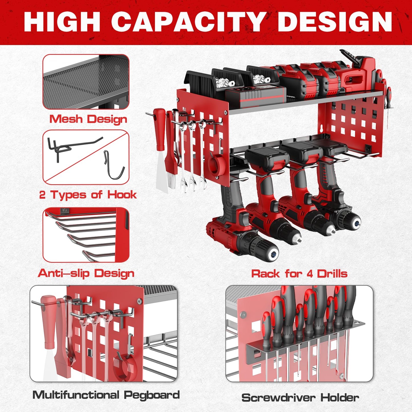 2 Layer Power Tool Organiser Wall Mounted Storage Rack Heavy Duty Metal Shelving for 4 Drill Holders - Red 2 Layer
