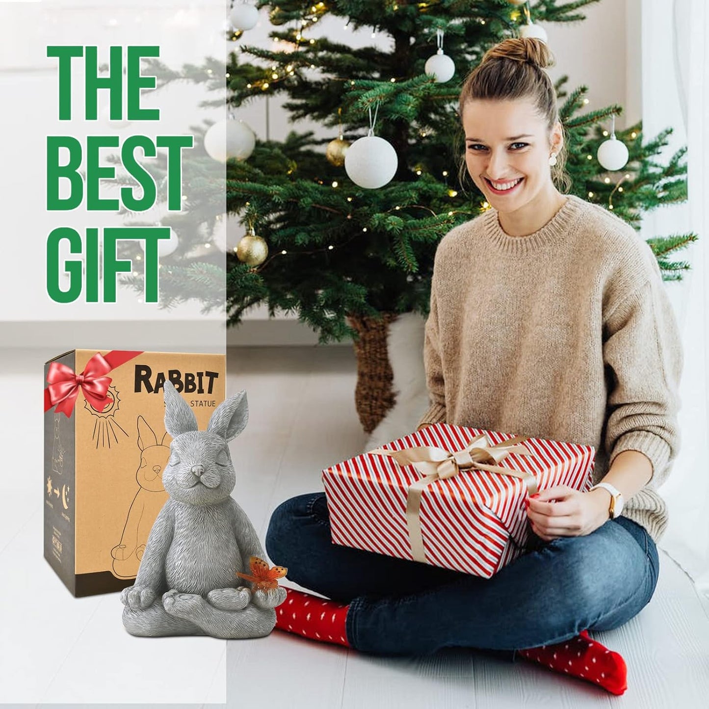 Solar Meditating Yoga Rabbit Garden Statue with Butterfly Light Resin 20cm