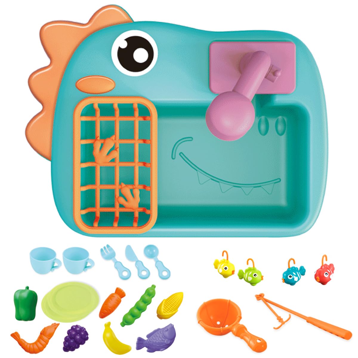 Dinosaur Kitchen Sink Toy with Running Water & Fishing Game for Toddlers