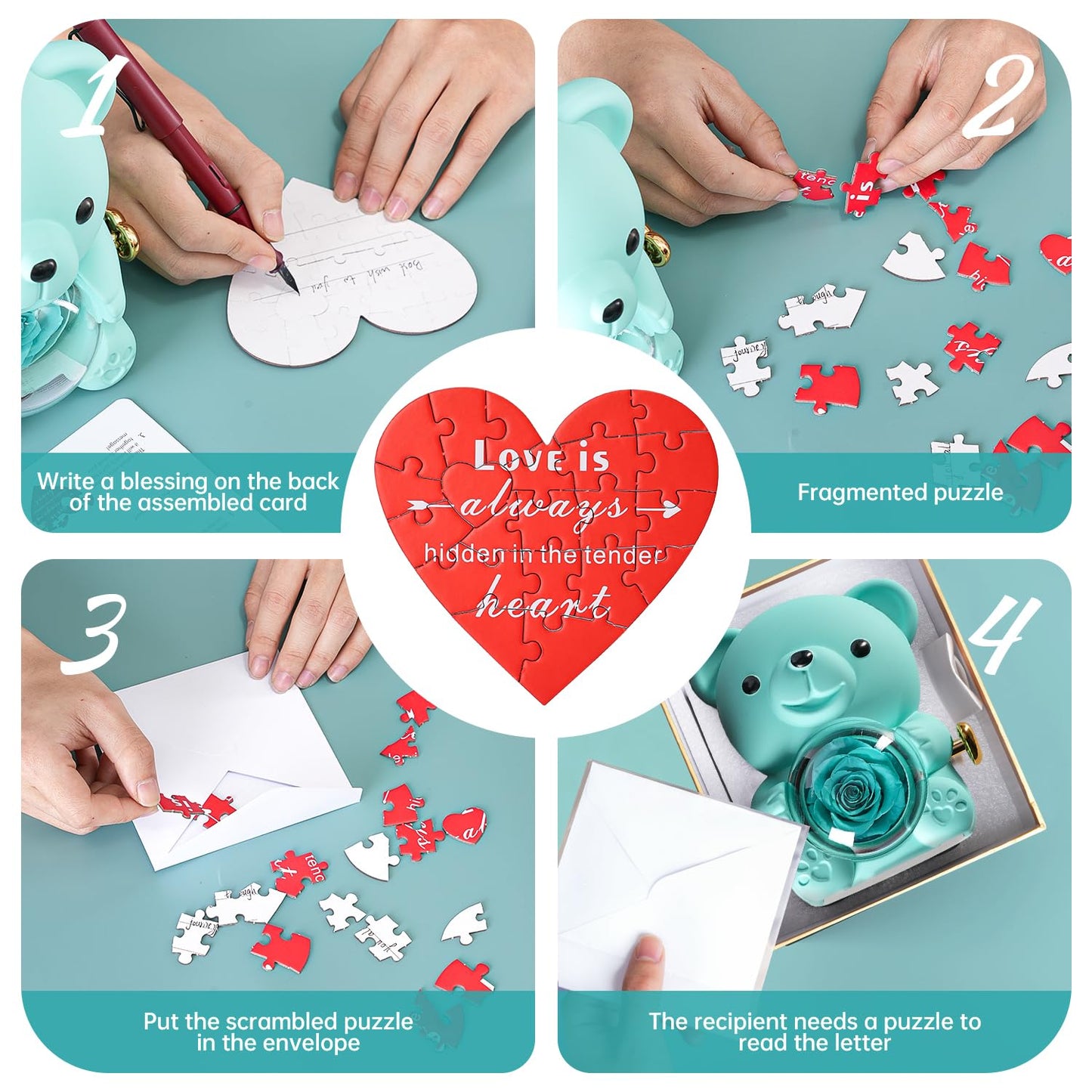 Ariceleo Romantic Teddy Bear Gift with Preserved Rose & Heart Necklace (Light