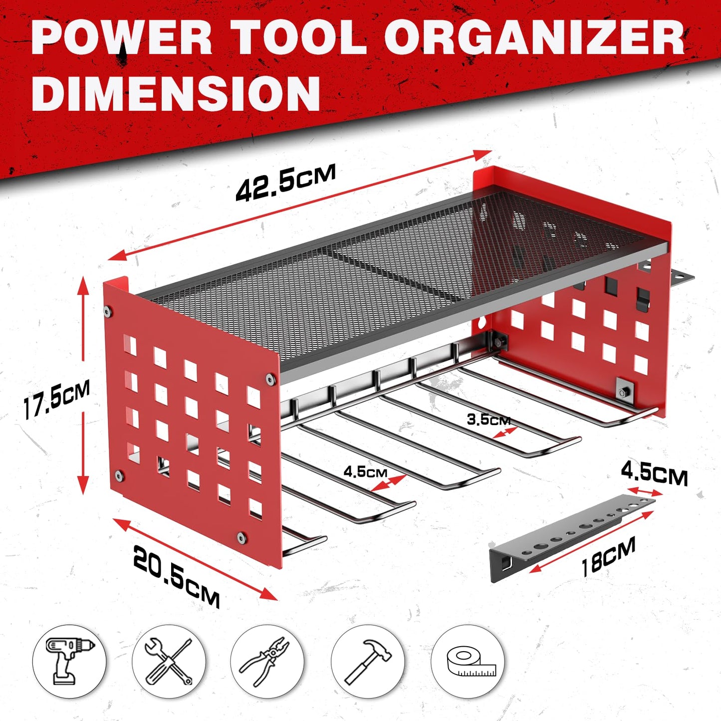 2 Layer Power Tool Organiser Wall Mounted Storage Rack Heavy Duty Metal Shelving for 4 Drill Holders - Red 2 Layer