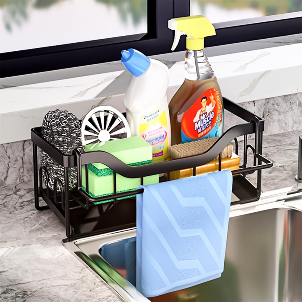 DMJWAN Kitchen Sink Caddy Organizer 304 Stainless Steel Sponge Holder - Black-b