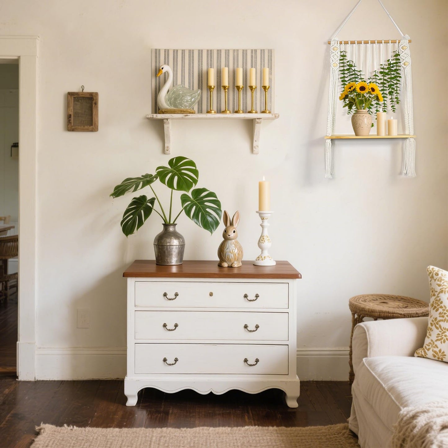 Sopicoz Boho Macrame Hanging Wall Shelf Wooden Display with Eucalyptus