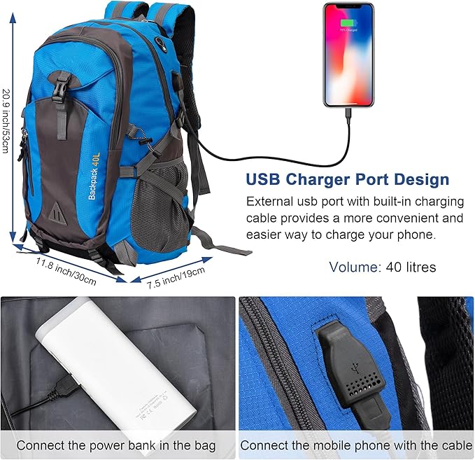 40L Waterproof Hiking Backpack Durable Travel Rucksack With Multi Pockets Blue