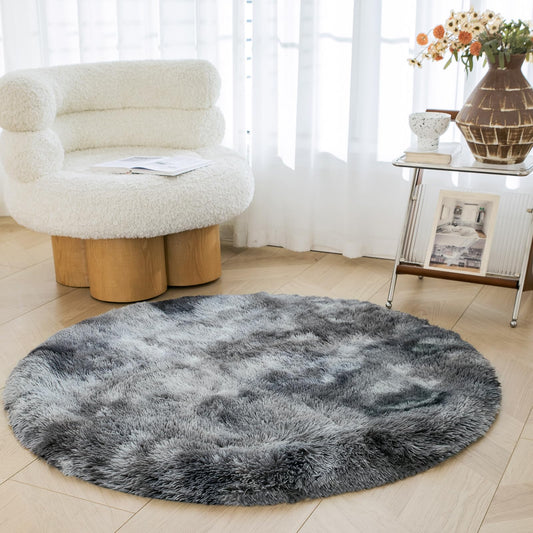 OMERAI 120cm Round Tie-Dye Rug - Soft Faux Fur, Anti-Slip, Dark Grey