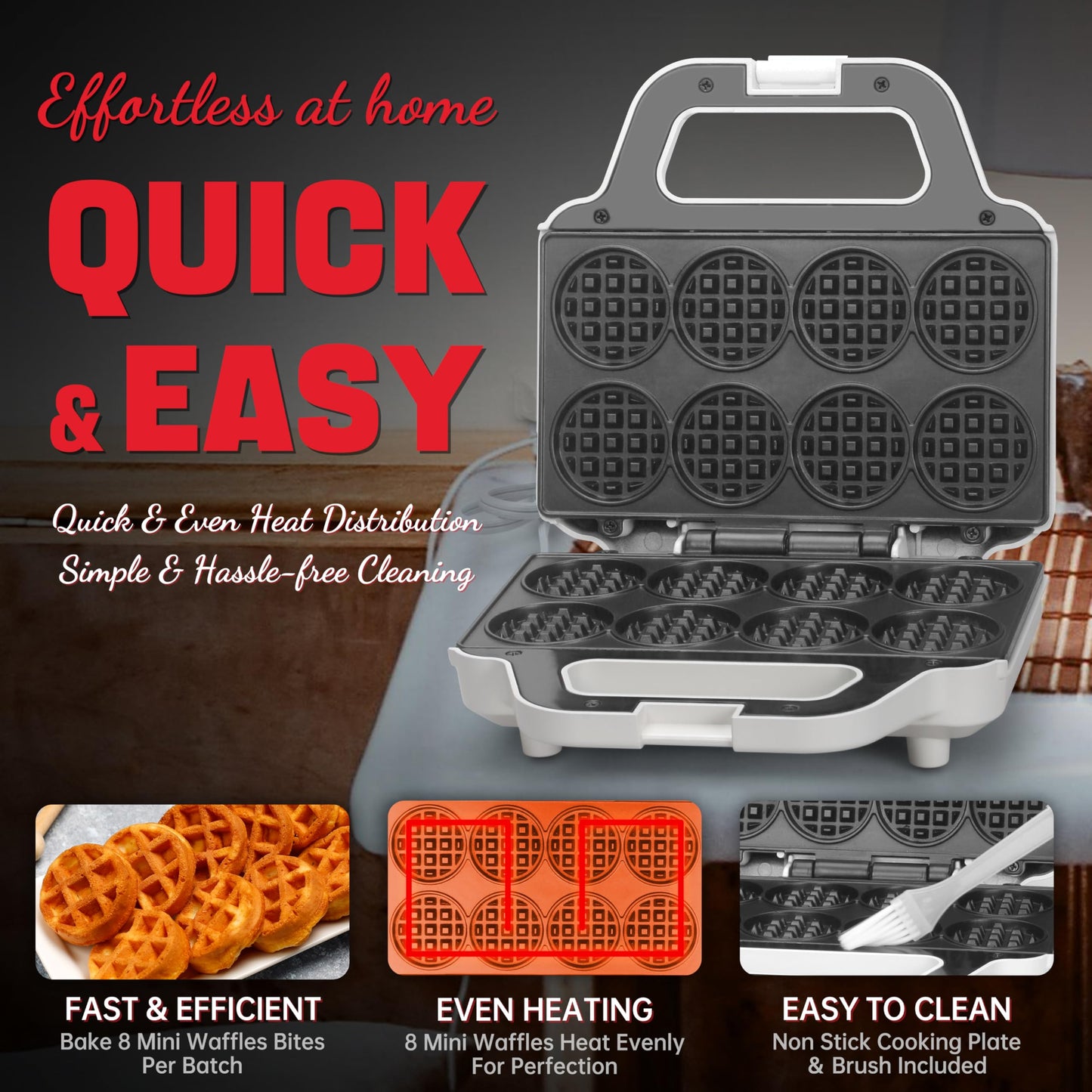 Mini Waffle Maker Machine – Bake 8 x 2'' Bite-Sized Waffles, Compact Non-Stick Iron with Recipes, Easy to Use & Clean, White