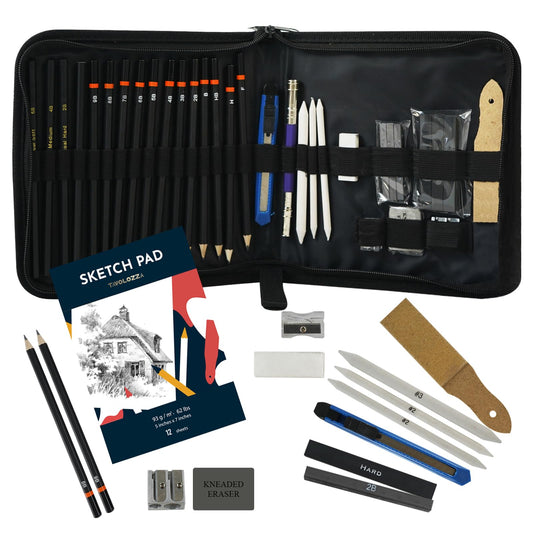 Tavolozza 34-Piece Sketching & Drawing Set with Pencils, Charcoal & Case
