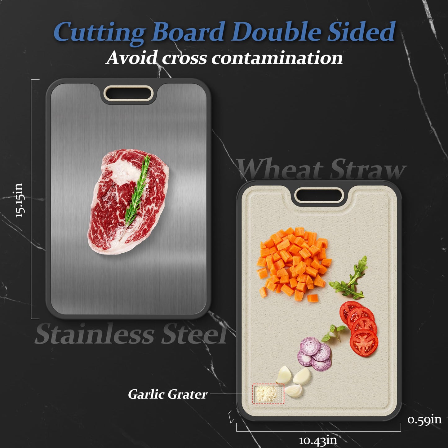 Double Sided 304 Stainless Steel Wheat Straw Cutting Board Non Slip Dishwasher Safe