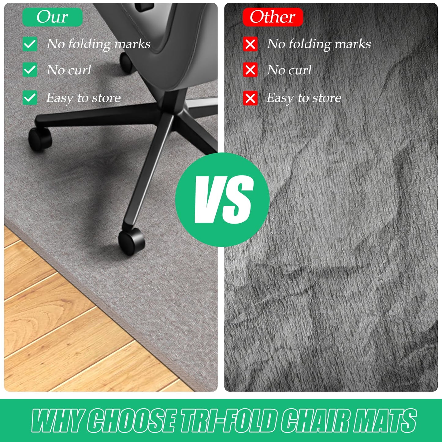 Kuyal Heavy Duty Office Chair Mat for Hardwood, Tri-Fold 36" x 48" (Light Grey)