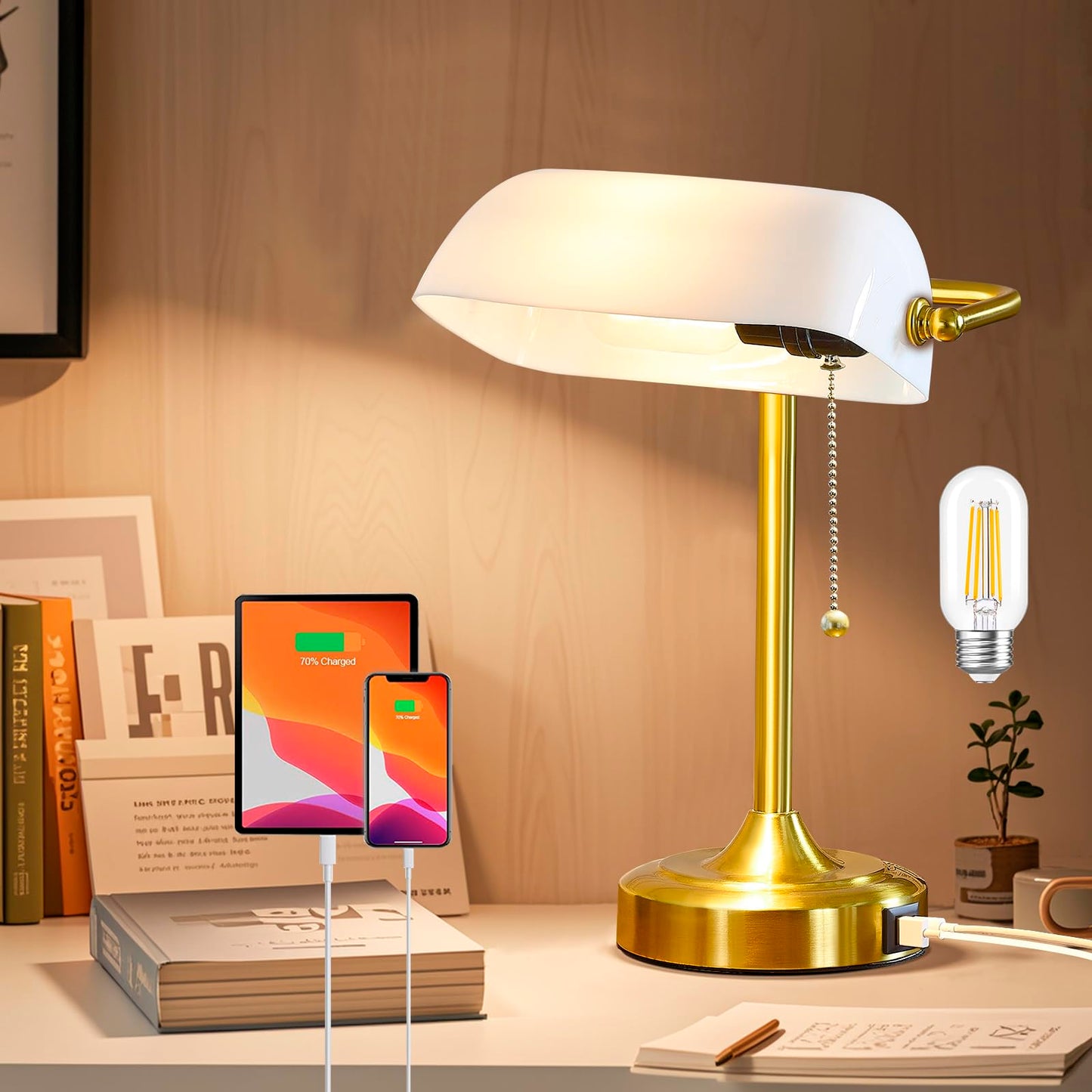 Vintage Bankers Desk Lamp USB Type C Charging Pull Chain Light