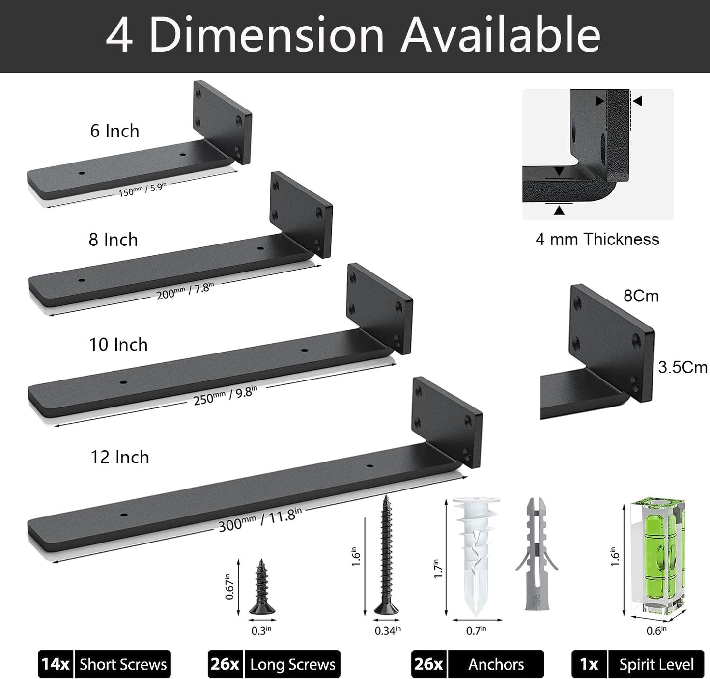 Heavy Duty Industrial Shelf Brackets Set of 4, Wall Mount L Shaped Metal Supports for DIY Shelving - Black 15cm