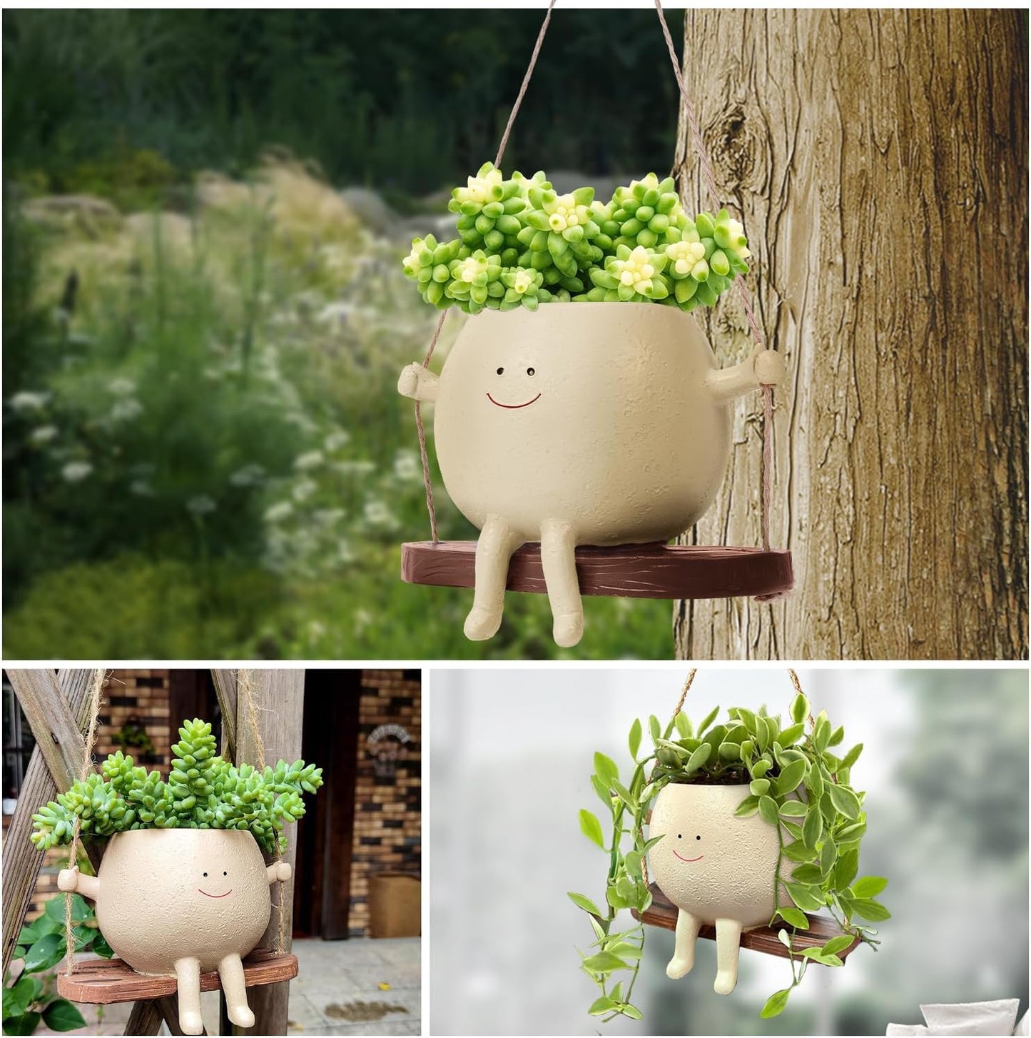 Azazaza Swing Face Planter Pot 7.4 In Cute Resin Hanging Succulent Pot Decor