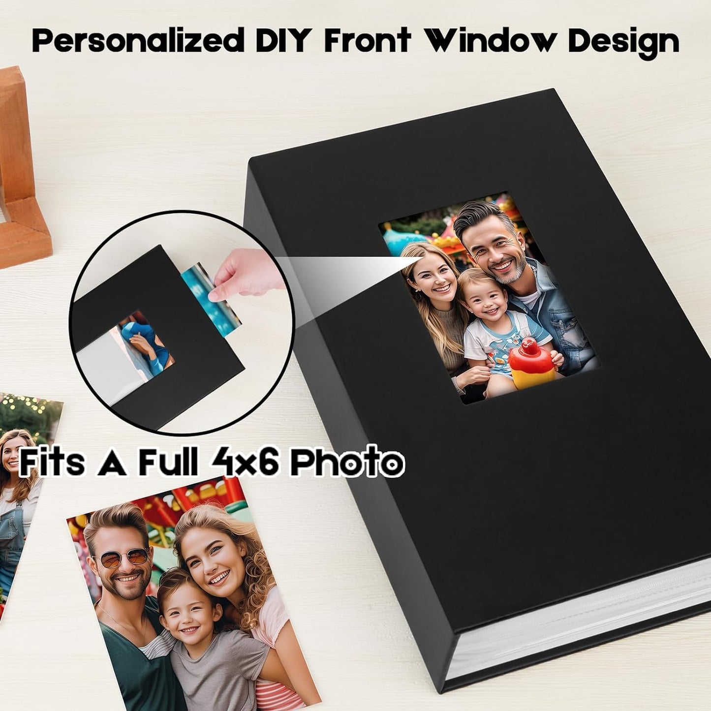 360 Pocket Leather Photo Album 6x4 Inch Acid-Free Pages Front Window Black