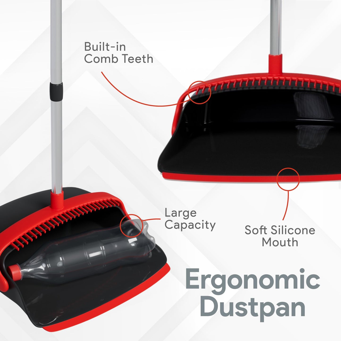 Adjustable Long Handled Dustpan and Brush Set - Red and Black Large 55"