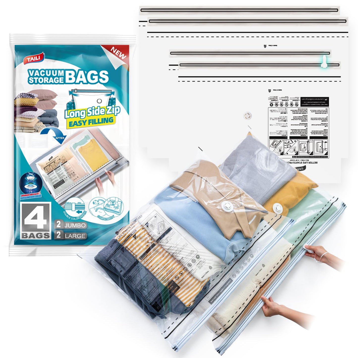 Vacuum Storage Bags 4 Pack (2 Large + 2 XL) Reusable Space Saver Long Zip
